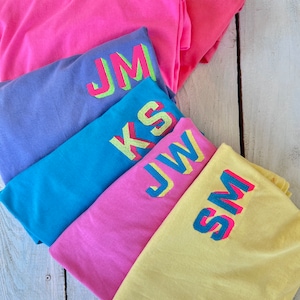 Neon Shadow Block Monogram T-Shirt, Neon Embroidered Monogram Shirt, Modern Monogram, Summer Matching Tee, Great Gift image 1