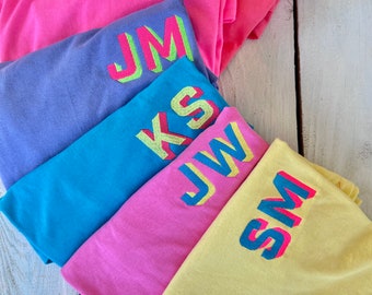 Neon Shadow Block Monogram T-Shirt, Neon Embroidered Monogram Shirt, Modern Monogram, Summer Matching Tee, Teacher Gift