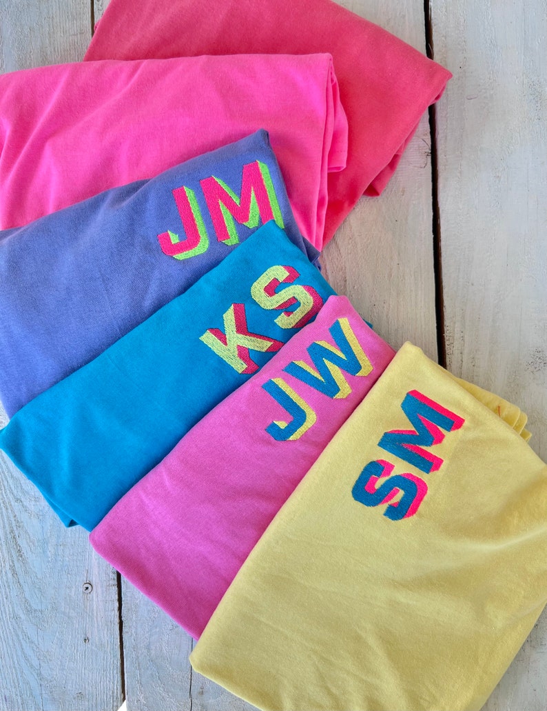 Neon Shadow Block Monogram T-Shirt, Neon Embroidered Monogram Shirt, Modern Monogram, Summer Matching Tee, Teacher Gift image 1