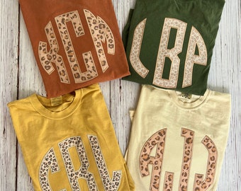 Leopard Applique Monogram Comfort Colors Long Sleeve Shirt