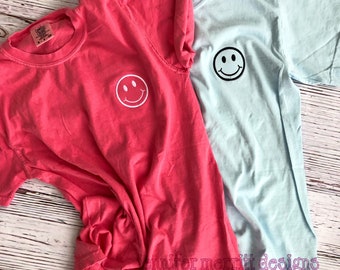 Smiley Face Comfort Colors Tee, Embroidered Shirt, Retro Smiley Face Shirt, Smile Shirt, Happy T-Shirt, Embroidered Tee