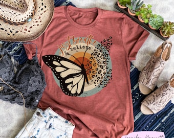 Just Breathe Butterfly Screen Print T-Shirt, Butterfly Graphic Shirt, Woman Graphic Tee, Graphic Tee for Women