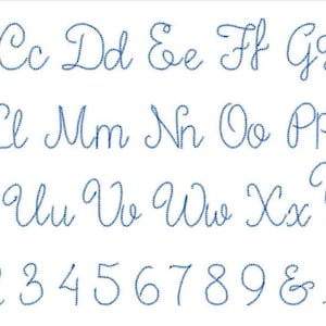 May include: A full cursive alphabet and numbers, presented in a blue stitched design. The letters and numbers are displayed on a white background, ideal for craft projects or design work.