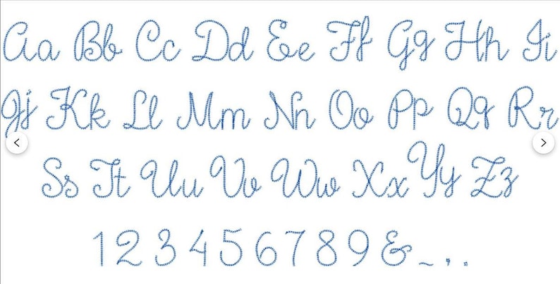May include: A full cursive alphabet and numbers, presented in a blue stitched design. The letters and numbers are displayed on a white background, ideal for craft projects or design work.