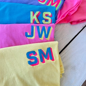 Neon Shadow Block Monogram T-Shirt, Neon Embroidered Monogram Shirt, Modern Monogram, Summer Matching Tee, Teacher Gift image 2