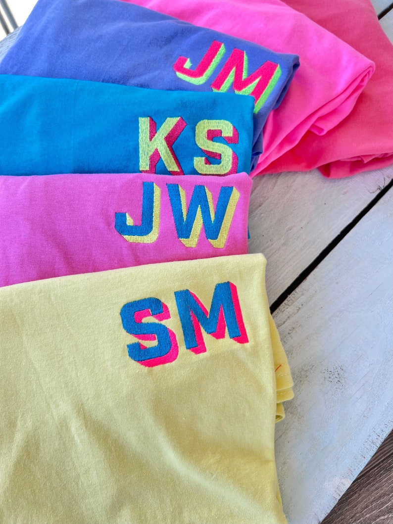 Neon Shadow Block Monogram T-Shirt, Neon Embroidered Monogram Shirt, Modern Monogram, Summer Matching Tee, Great Gift image 2