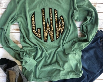 Leopard Applique Monogram Comfort Colors Long Sleeve T-Shirt