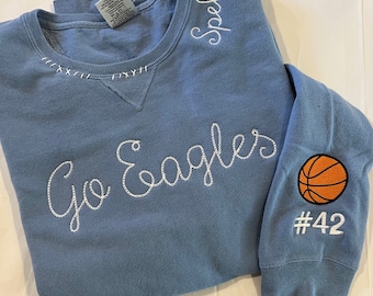 Basketball Sweatshirt, Sports Mom Sweatshirt, Embroidered Neck Shirt, Vintage Inspired Pull Over, Custom Embroidered Sweatshirt