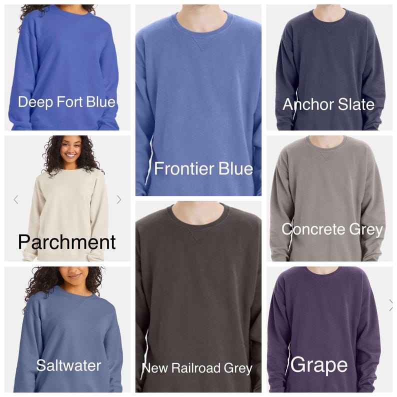 May include: A selection of crew neck sweatshirts in shades such as Deep Fort Blue, Frontier Blue, Anchor Slate, Parchment, Concrete Grey, Saltwater, New Railroad Grey, and Grape. Each sweatshirt has a classic, relaxed fit.