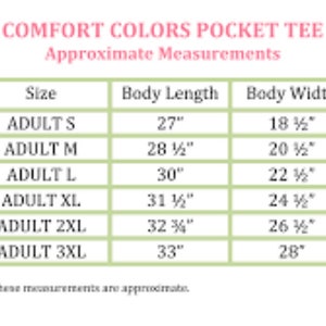 May include: A size chart for a pocket tee, showing the body length and width in inches for sizes S through 3XL.