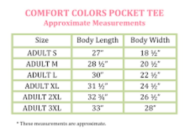 May include: A size chart for a pocket tee, showing the body length and width in inches for sizes S through 3XL.