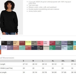 May include: A black crew neck sweatshirt. The garment is made of a cotton/polyester blend and features a ribbed v-notch collar, cuffs, and waistband. The image also shows a colour chart with various options and finished measurements for different sizes.