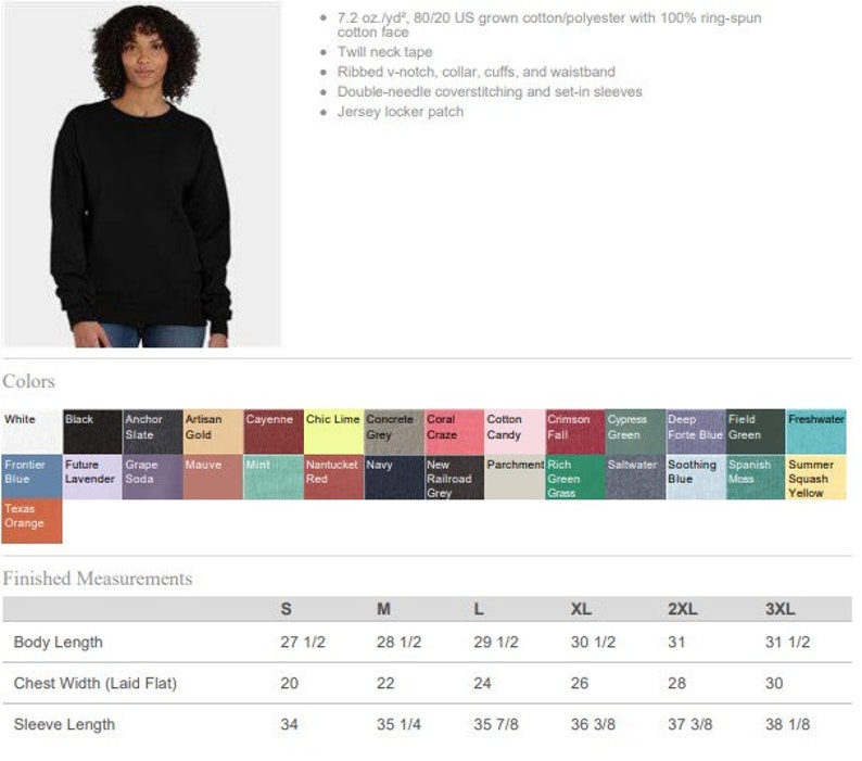 May include: A black crew neck sweatshirt. The garment is made of a cotton/polyester blend and features a ribbed v-notch collar, cuffs, and waistband. The image also shows a colour chart with various options and finished measurements for different sizes.