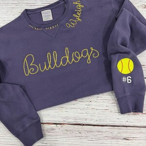 May include: A purple sweatshirt with the word "Bulldogs" embroidered in yellow script across the chest. The name "Wyleigh" is embroidered in yellow on the collar. A yellow tennis ball and the number "6" are embroidered on the left sleeve.