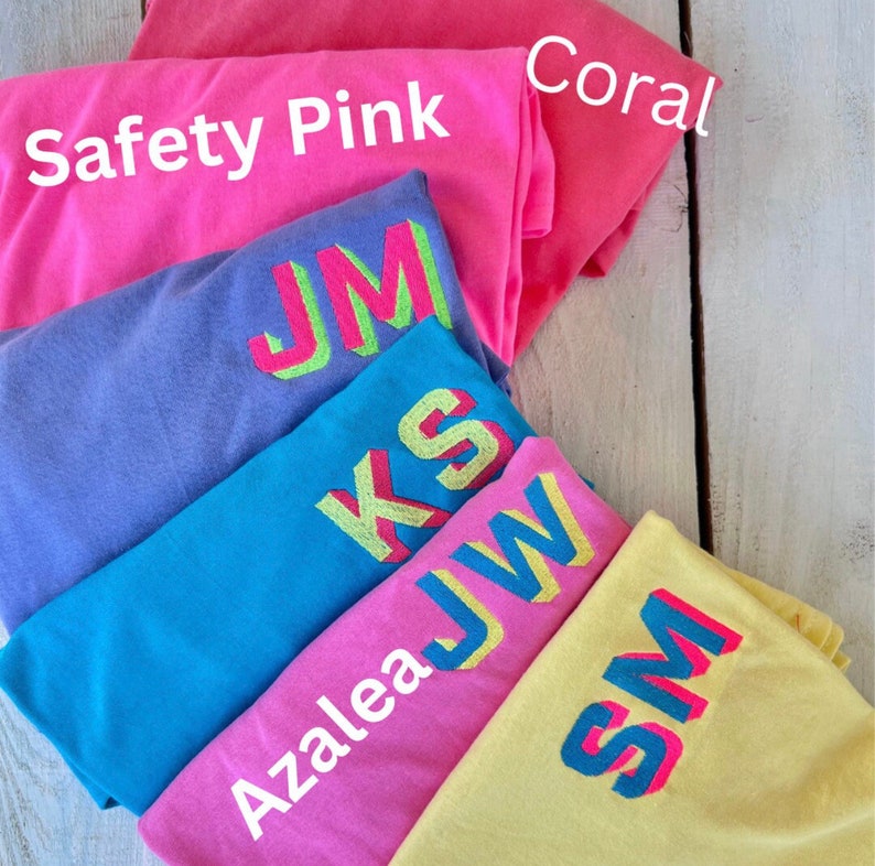 Neon Shadow Block Monogram T-Shirt, Neon Embroidered Monogram Shirt, Modern Monogram, Summer Matching Tee, Teacher Gift image 3