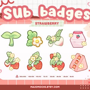 May include: A collection of strawberry-themed sub badges in a cute, cartoon style. The badges include strawberry plants, flowers, and a strawberry drink. The text "Sub badges" and "Strawberry" are displayed in pink. The image is ready to use.