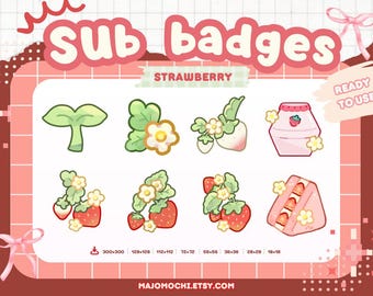 May include: A collection of strawberry-themed sub badges in a cute, cartoon style. The badges include strawberry plants, flowers, and a strawberry drink. The text "Sub badges" and "Strawberry" are displayed in pink. The image is ready to use.
