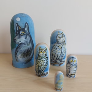 Original Babushkas Wolf Owl Russian Matryoshka, Handpainted nesting doll 5 pcs, 16 cm