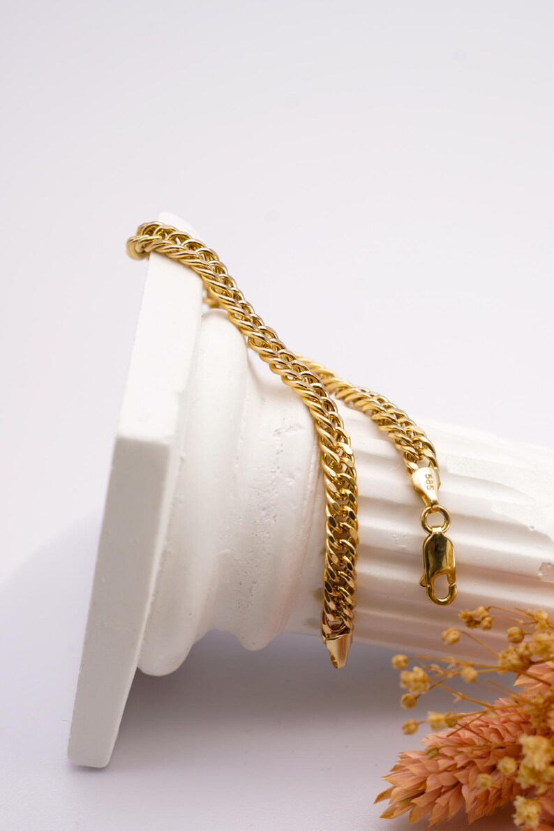 14K Solid Gold Double Strand Cuban Link Bracelet, Handmade Polished ...