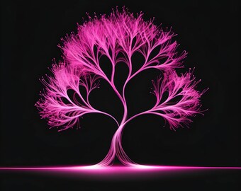 May include: A digital art image of a stylized tree with a glowing pink design against a black background. The tree's branches and leaves are composed of thin, radiating lines, and the trunk curves gracefully upward. A horizontal pink line glows at the base.