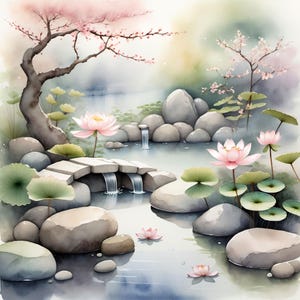 Jardin zen paisible, 12 fichiers JPG aquarelle haute résolution, clipart sous licence commerciale, POD, cartes, invitations, décorations, travaux manuels créatifs en papier