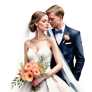 Puede incluir: Una pintura de acuarela de una novia y un novio en su día de boda. La novia lleva un vestido de novia blanco y un velo. El novio lleva un traje azul oscuro con una corbata de lazo azul claro. La novia lleva un ramo de flores de color melocotón.