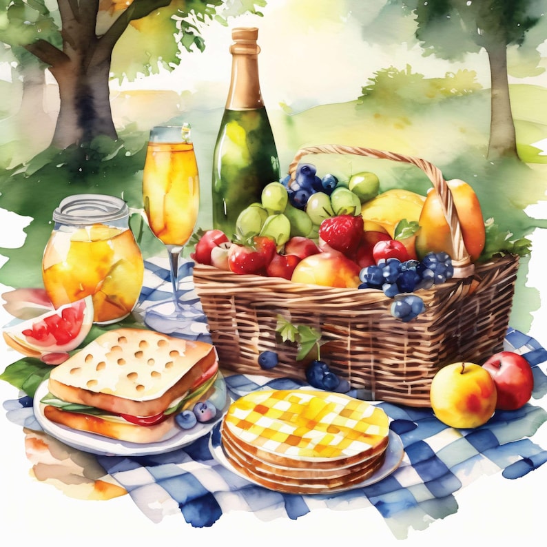 Summer Picnic, 12 High-Res Watercolor JPGs, Commercial License Clipart, Print On Demand, Cards, Decorations, Paper Arts & Crafts, Stickers, Journals, Storybook, 4096x4096px images, 300DPI, high quality images, nature decoration, summer clipart, picnic fruit baskets, blooming flowers, garden picnic, sandwiches clipart, picnic baskets filled with sandwiches, lemonade, and fresh fruits, surrounded by red checkered blankets, butterflies, and blooming flowers. picnic foods and drink, blue picnic matt