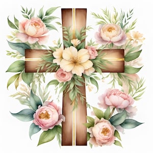 Cruz con flores, 12 archivos JPG de acuarela de alta resolución, clipart con licencia comercial, POD, tarjetas, invitaciones, decoraciones, manualidades con papel