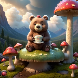 May include: A brown teddy bear wearing a pink flower sits on a green mushroom with a white cup and saucer in its paws. The bear is surrounded by red and white mushrooms in a forest setting.