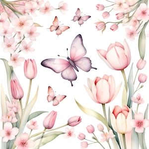 Rosa Kirschblüten, Tulpen und Schmetterlinge, 12 hochauflösende Aquarell JPGs, Kommerzielle Lizenz Clipart, POD, Einladungen, Dekore, Arts & Crafts