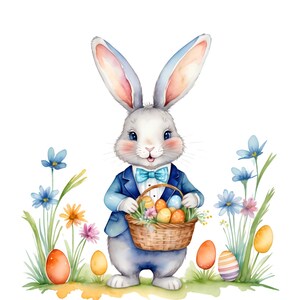 Lapin de Pâques entouré de fleurs printanières, 12 PNG transparents aquarelles haute résolution, clipart licence commerciale, POD, cartes, décorations