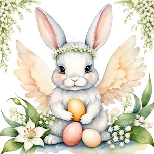 Lapin de Pâques avec muguet, 12 fichiers JPG aquarelle haute résolution, clipart sous licence commerciale, POD, décorations de printemps de Pâques, travaux manuels créatifs