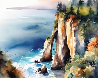 Ocean Cliff, 12 High-Res Watercolor JPGs, Ocean and Cliff Commercial License Clipart, POD, Invitations, Decorations, Paper Arts & Crafts