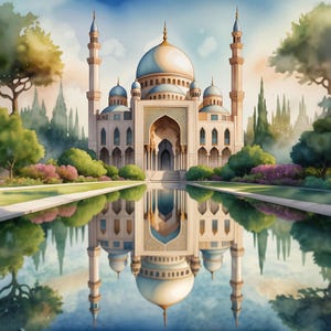 Majestueuze moskeeën, 12 high-res aquarel jpg's, commerciële licentie clipart, POD, wenskaarten, uitnodigingen, decoraties, borden, kunst en ambacht