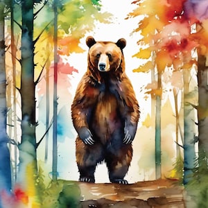Bär in einem bunten Wald, 12 hochauflösende Aquarell JPGs, Bären Kommerzielle Lizenz Clipart, POD, Einladungen, Dekorationen, Papierkunsthandwerk