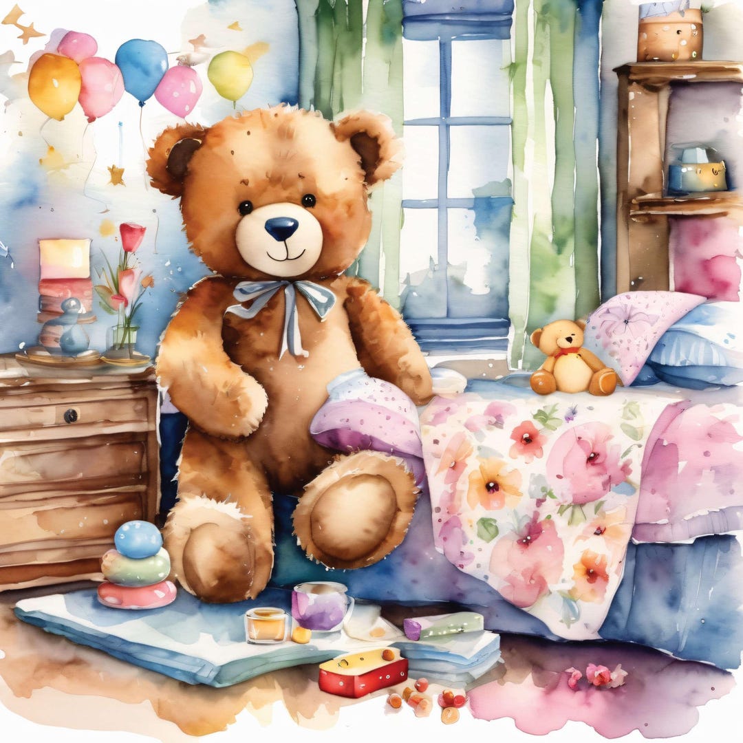 Teddy Bear in the Bedroom, 24 High-res Watercolor Jpgs, Teddy Bear ...