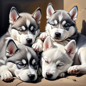 Cuccioli assonnati, 12 JPG di dipinti a olio ad alta risoluzione, Clipart con licenza commerciale, POD, Biglietti, Inviti, Decorazioni, Cartelli, Artigianato e Artigianato di Carta