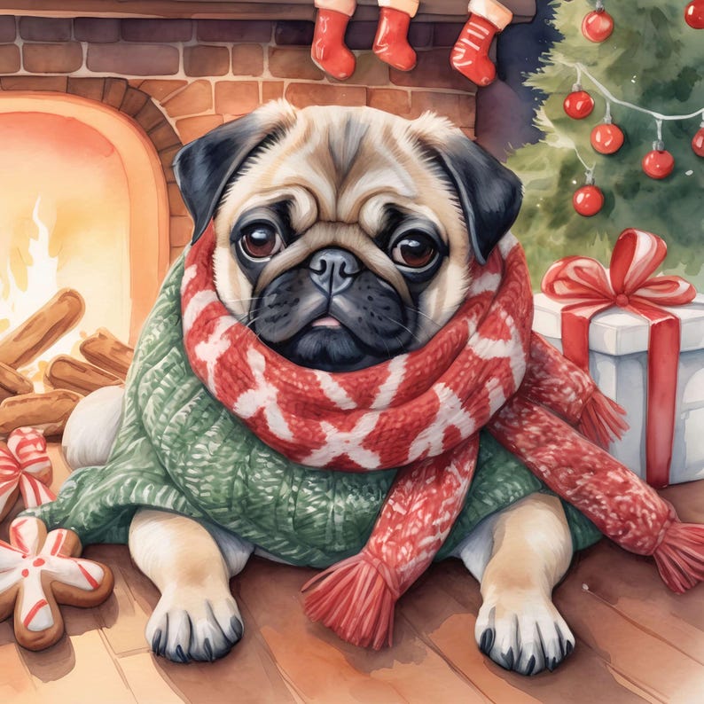 Christmas Pug, 12 High-Res Watercolor JPGs, Commercial License Clipart, Print On Demand, Cards, Decorations, Paper Arts & Crafts, Stickers, Journals, Storybook, 4096x4096px images, 300DPI, high quality images, animal decoration, watercolor pug, animal wall art, cute dogs, winter scene clipart, xmas clipart, xmas animal, xmas decoration, pugs clipart, pug and xmas tree, fireplace clipart, cozy xmas interior, cozy xmas scene