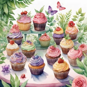 Cupcake Garden, 12 immagini JPG ad acquerello ad alta risoluzione, Clipart con licenza commerciale, POD, Biglietti, Inviti, Decorazioni, Artigianato, Diario, Primavera