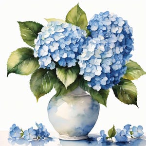 Blue Hydrangea in a Vase, 12 High-Res Watercolor JPGs, Floral Commercial License Clipart, POD, Invitations, Decors, Paper Arts & Crafts