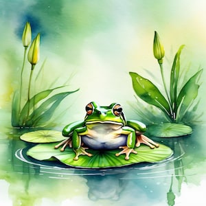 May include: Watercolor painting of a green frog with orange eyes sitting on a lily pad. The frog is surrounded by green foliage and yellow flower buds, with reflections in the water. The artwork has a soft, dreamy quality.