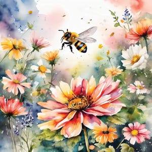 Bees and Flowers, 12 High-Res Watercolor JPGs, Bee and Flower Commercial License Clipart, POD, Invitations, Decorations, Paper Arts & Crafts