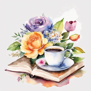 Kaffee, Bücher, Blumen Vol. 1, 12 hochauflösende Aquarell JPGs, Kaffee Kommerzielle Lizenz Clipart, POD, Karten, Menüs, Dekore, Papier Kunsthandwerk