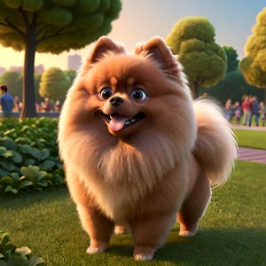 Puede incluir: Un perro pomerania marrón y esponjoso con una gran sonrisa y la lengua fuera, de pie en un parque de hierba con árboles en el fondo.