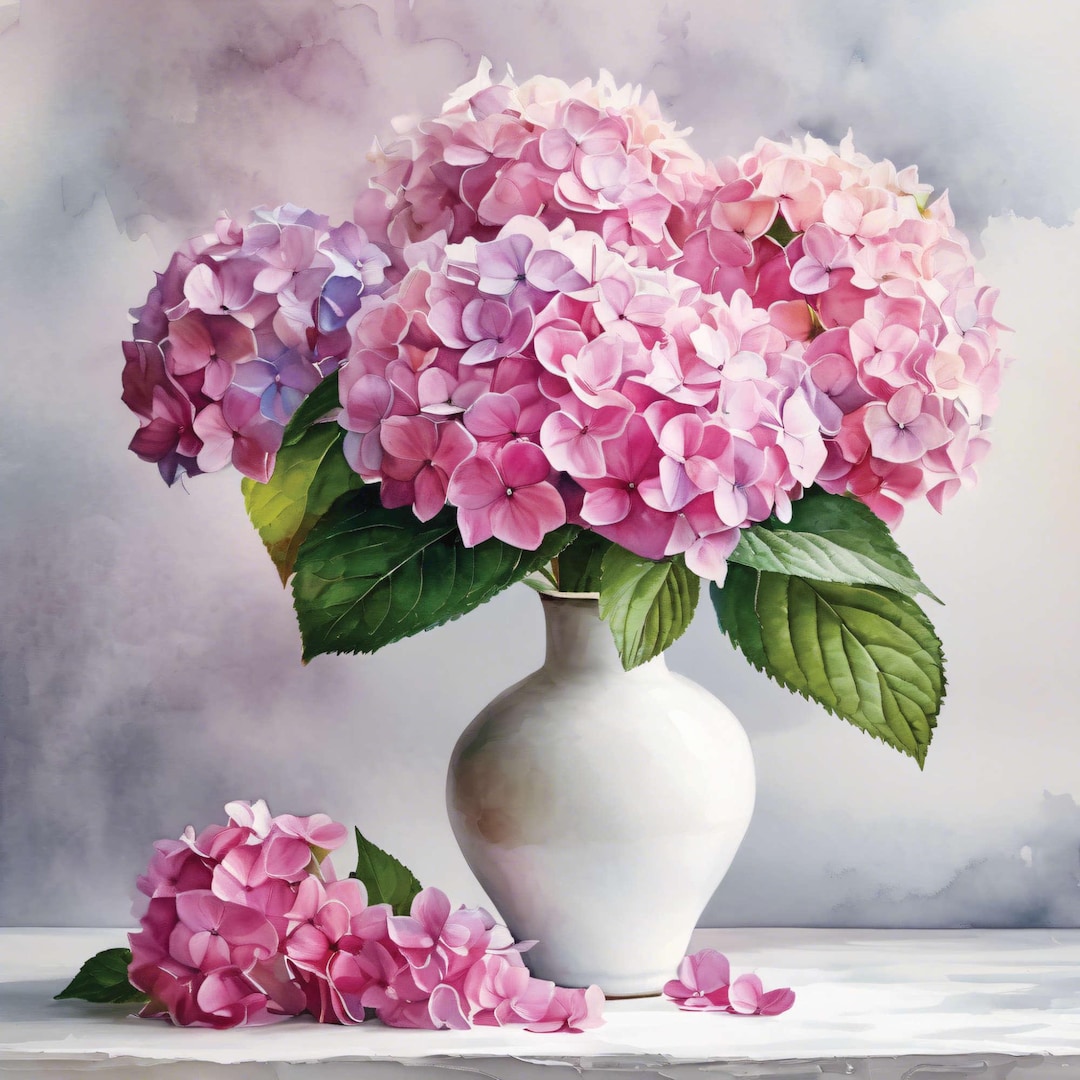 Pink Hydrangea in a Vase, 12 High-res Watercolor and Digital Art Jpgs ...
