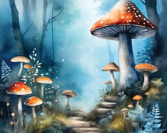 Ethereal Forest With Luminescent Mushrooms, 12 High-Res Watercolor JPGs, Forests Commercial License Clipart, POD, Invitations, Decors,Crafts