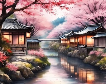 May include: Watercolor painting of a Japanese landscape with traditional buildings along a river. Cherry blossom trees in full bloom frame the scene, with pink and red flowers. The buildings have dark roofs and warm interior lighting.