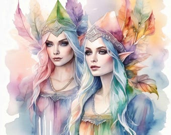 Elves in Pastel Costumes, 12 High-Res Watercolor JPGs, Fantasy Commercial License Clipart, POD, Cards, Invitations, Decors,Paper Arts&Crafts