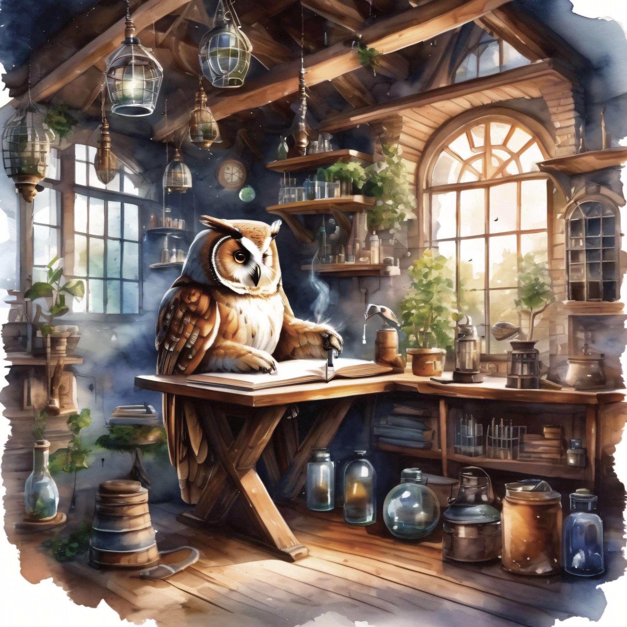 Owl in a Treehouse Lab, 12 High-Res Watercolor JPGs, Owls Commercial License Clipart, POD, Invitatio