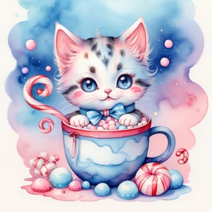 Gattino kawaii in una tazza, 12 JPG ad acquerello ad alta risoluzione, Clipart con licenza commerciale, POD, biglietti, decorazioni, arti e mestieri di carta, diari spazzatura